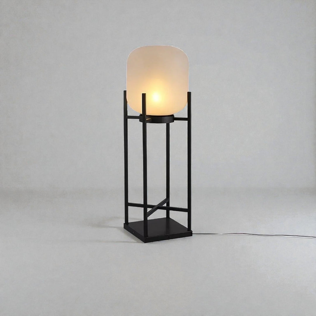Outdoor Lantern Floor Lamp with Glass Shade and Metal Frame