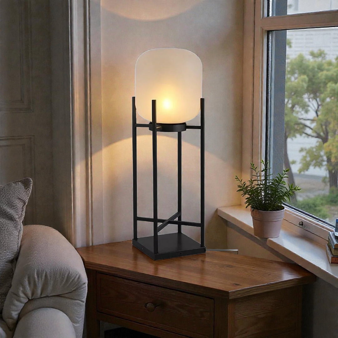 Outdoor Lantern Floor Lamp with Glass Shade and Metal Frame