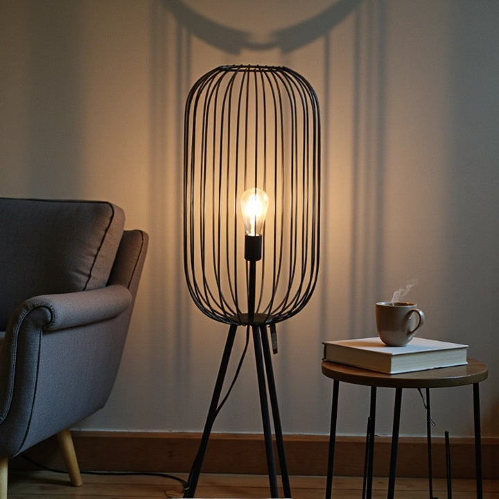 Black Metal Cage Floor Lamp with Tripod Base for Living Room
