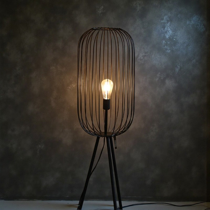 Black Metal Cage Floor Lamp with Tripod Base for Living Room