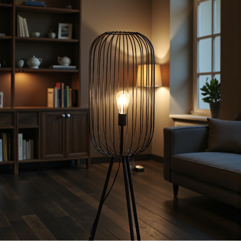 Black Metal Cage Floor Lamp with Tripod Base for Living Room