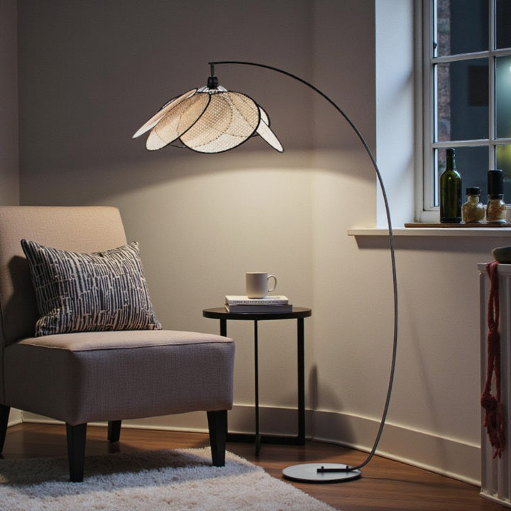 Woven Rattan Arc Floor Lamp with Metal Stand for Living Room