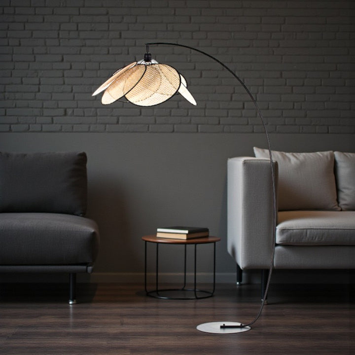 Woven Rattan Arc Floor Lamp with Metal Stand for Living Room