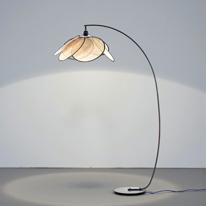 Woven Rattan Arc Floor Lamp with Metal Stand for Living Room