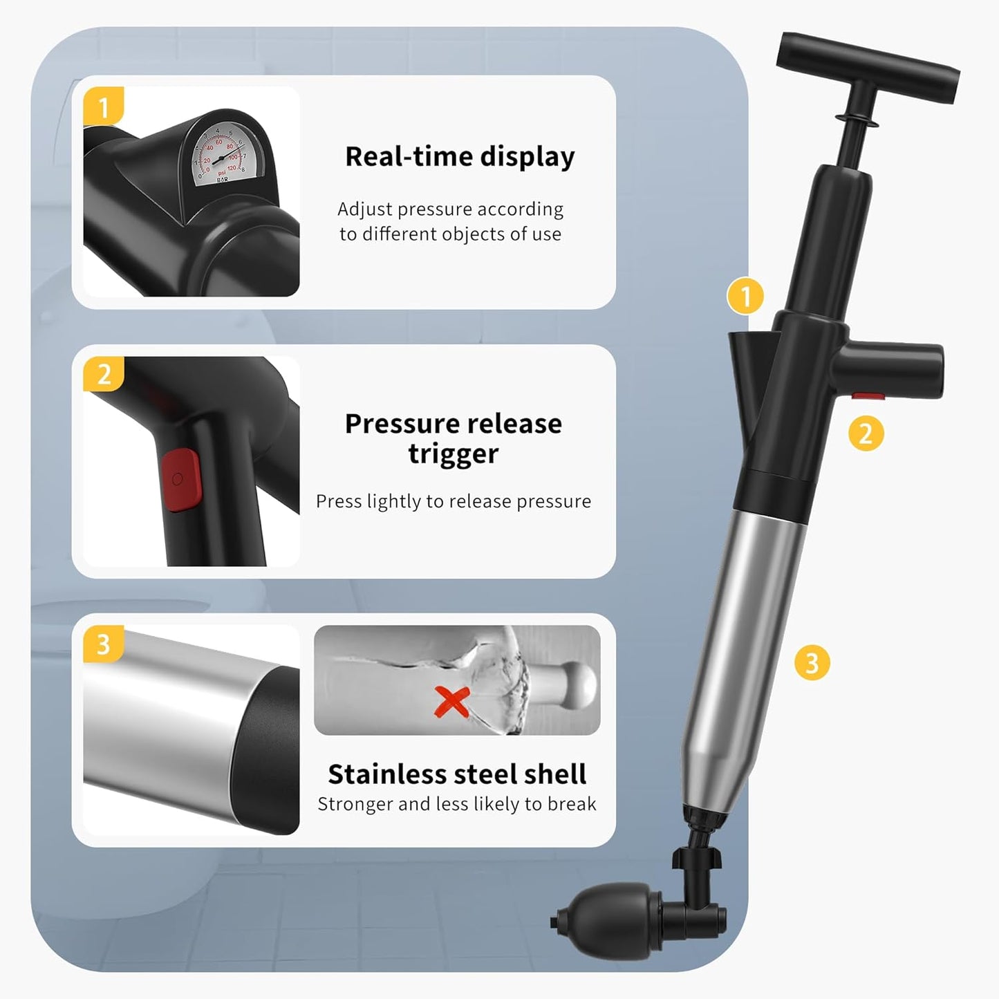 Best Toilet Plunger – High Pressure Stainless Steel Unclogger for Bathroom & Kitchen