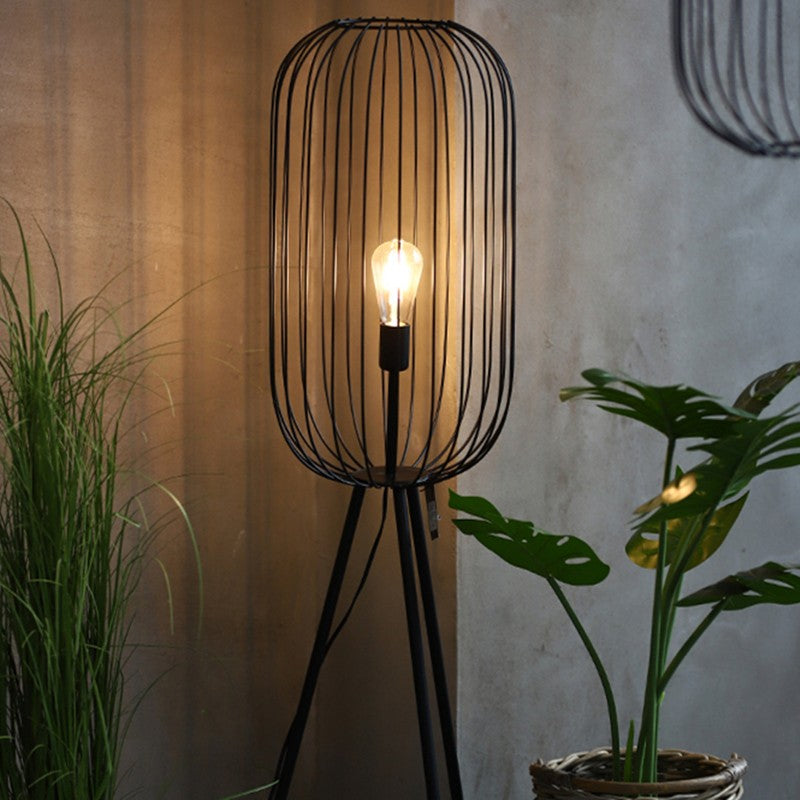 Black Metal Cage Floor Lamp with Tripod Base for Living Room