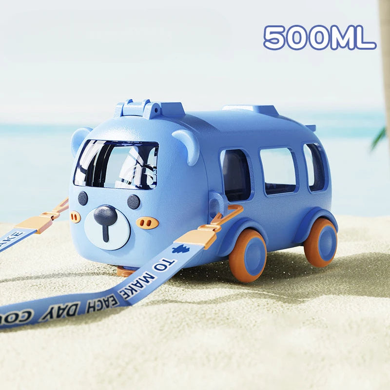 Cartoon Bus Water Bottle with Straw