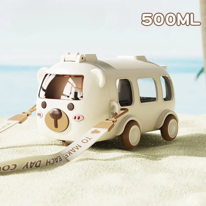 Cartoon Bus Water Bottle with Straw