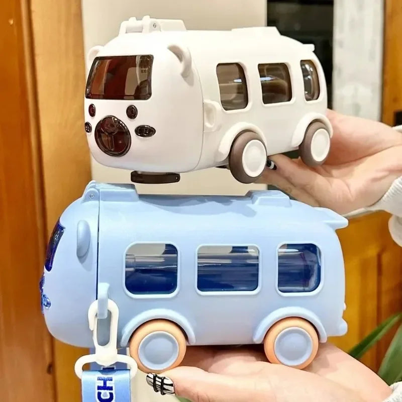 Cartoon Bus Water Bottle with Straw