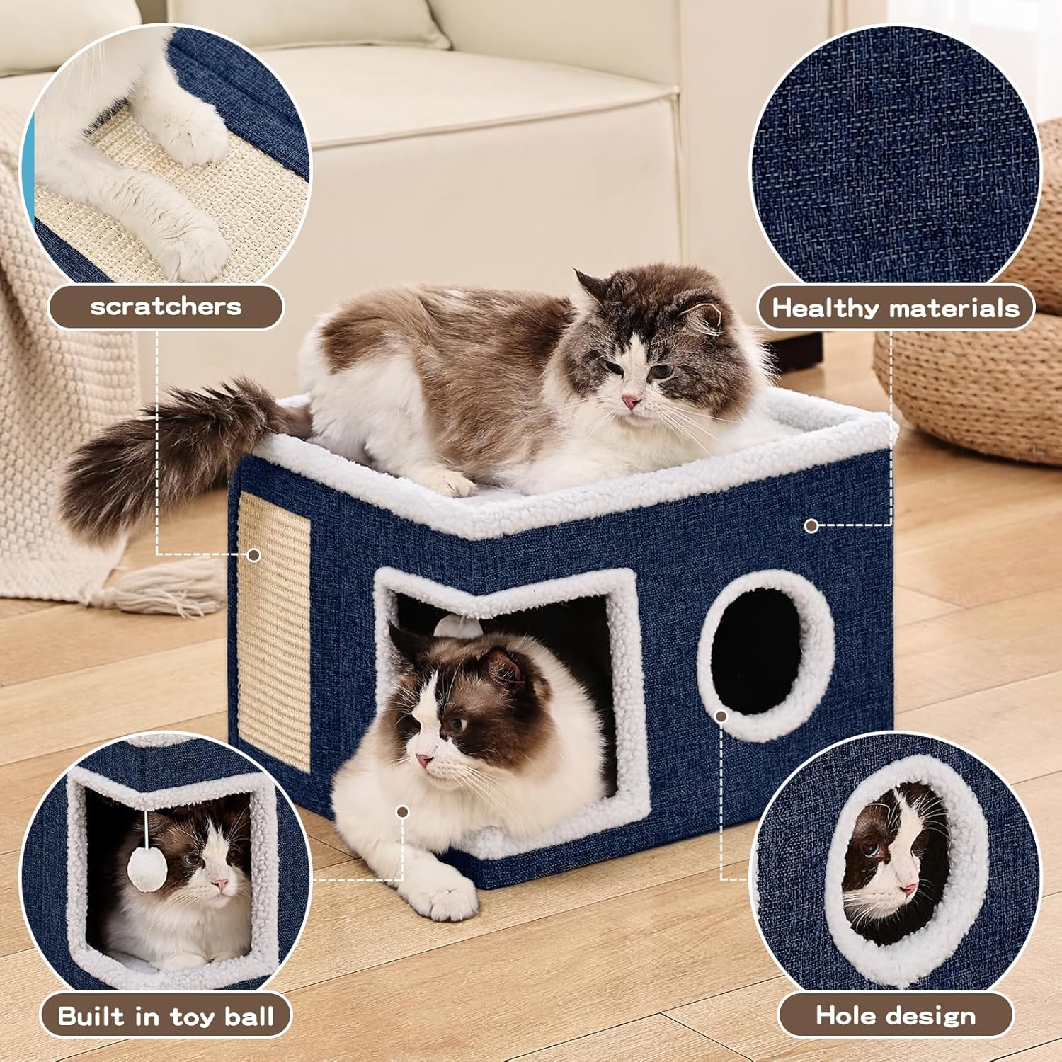 Cat Bed Large Cat Cave with Scratch Pad and Hideaway Condo