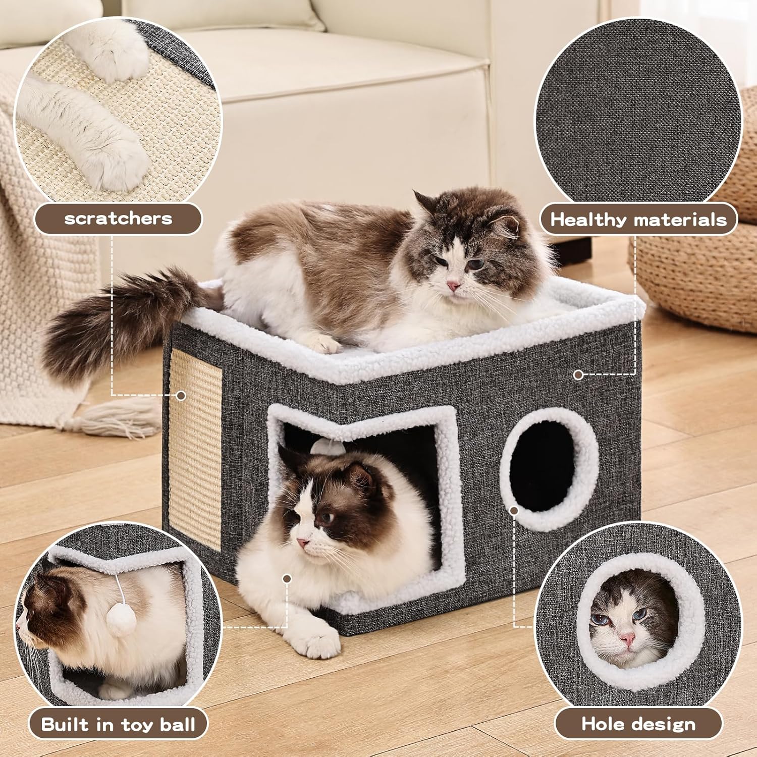 Cat Bed Large Cat Cave with Scratch Pad and Hideaway Condo