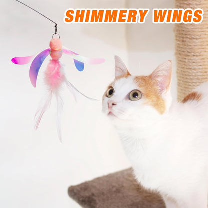 Cat Wand Toy 2 in 1 with Teaser, Spring Steel Wire, and Feather Refills