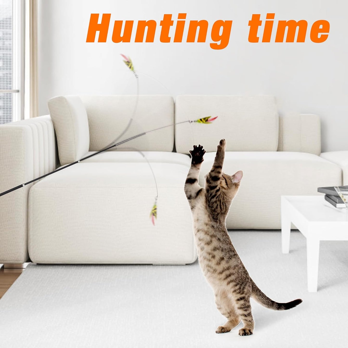 Cat Wand Toy 2 in 1 with Teaser, Spring Steel Wire, and Feather Refills