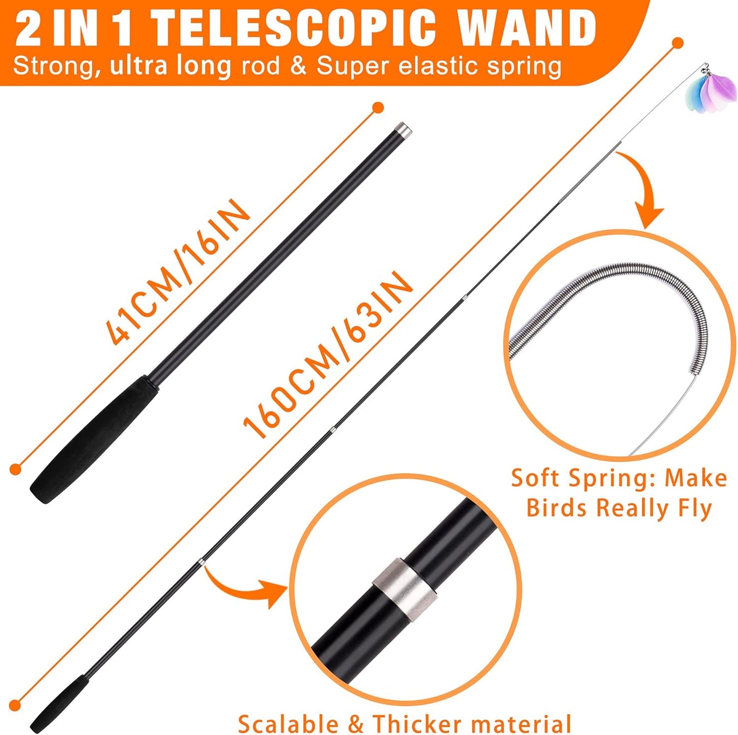 Cat Wand Toy 2 in 1 with Teaser, Spring Steel Wire, and Feather Refills