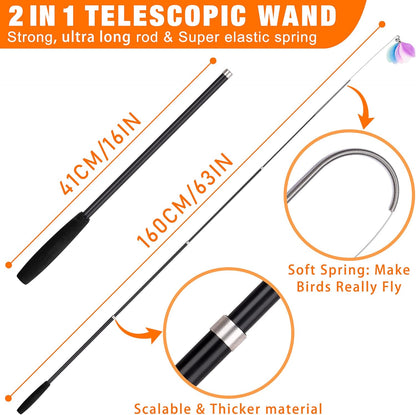 Cat Wand Toy 2 in 1 with Teaser, Spring Steel Wire, and Feather Refills