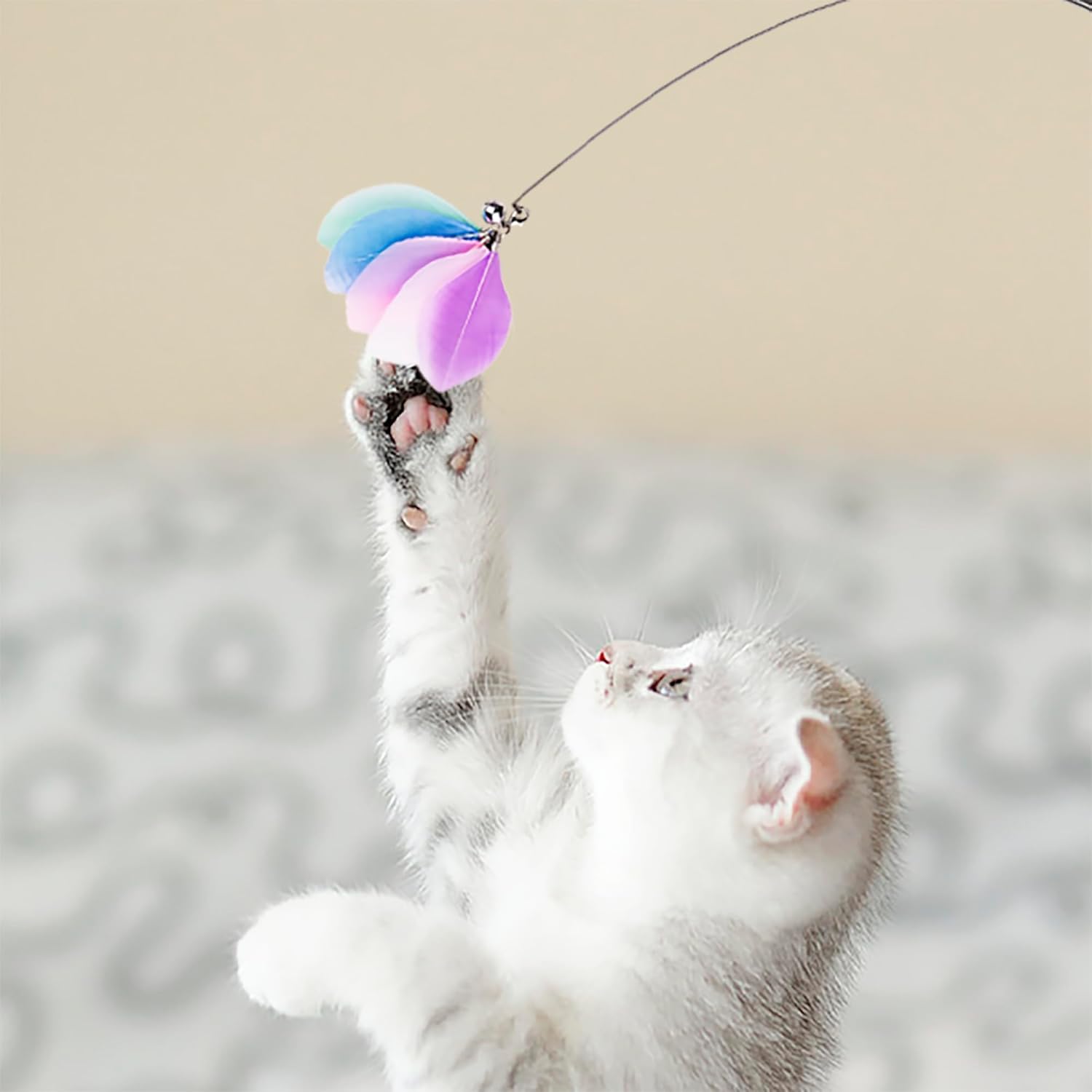 Cat Wand Toy 2 in 1 with Teaser, Spring Steel Wire, and Feather Refills