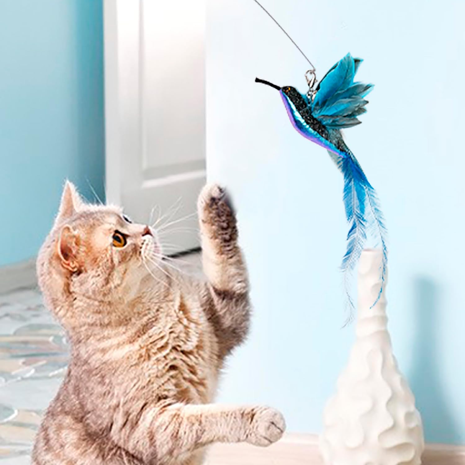 Cat Wand Toy 2 in 1 with Teaser, Spring Steel Wire, and Feather Refills