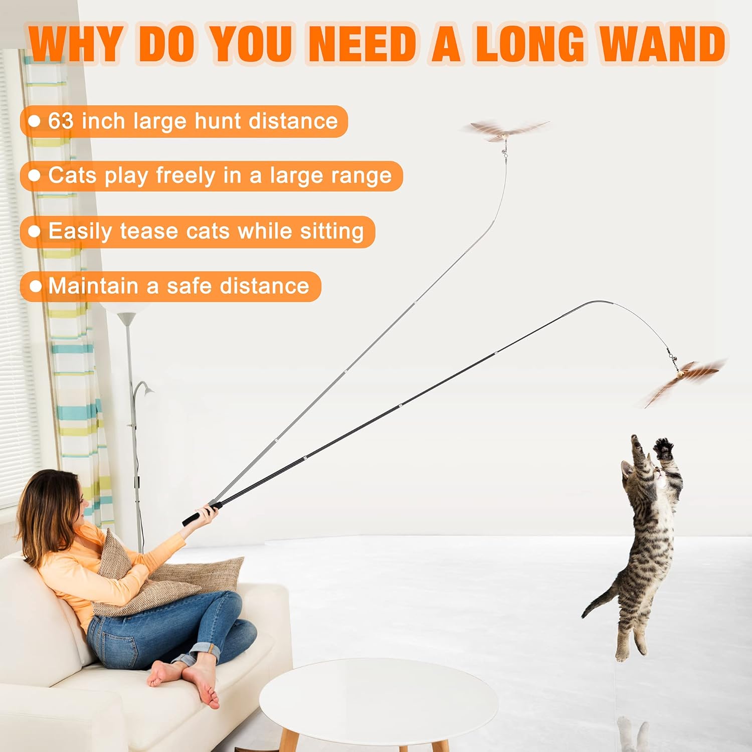 Cat Wand Toy 2 in 1 with Teaser, Spring Steel Wire, and Feather Refills