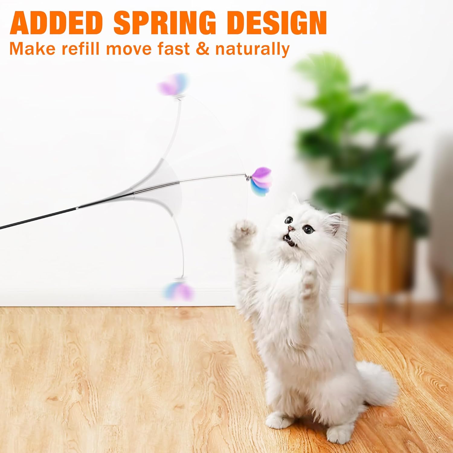 Cat Wand Toy 2 in 1 with Teaser, Spring Steel Wire, and Feather Refills
