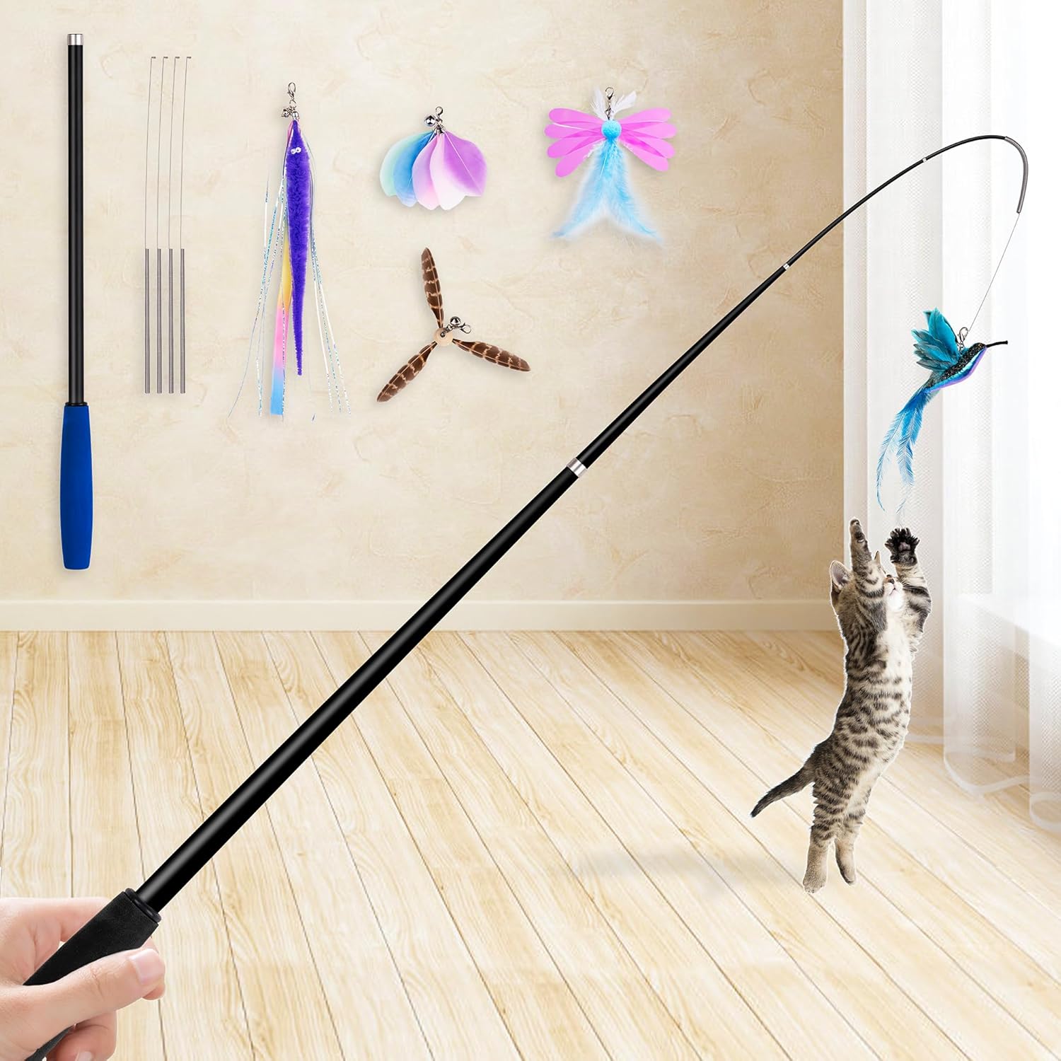 Cat Wand Toy 2 in 1 with Teaser, Spring Steel Wire, and Feather Refills