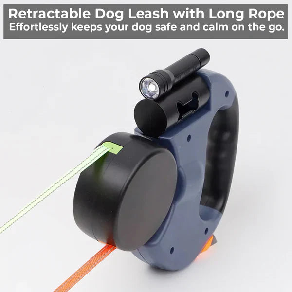 Dual Retractable Dog Leash with Flashlight and Waste Bag Holder