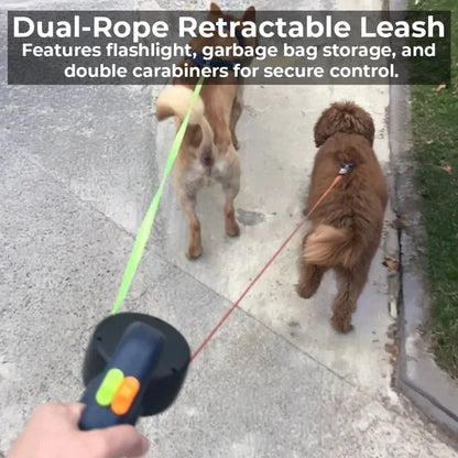 Dual Retractable Dog Leash with Flashlight and Waste Bag Holder