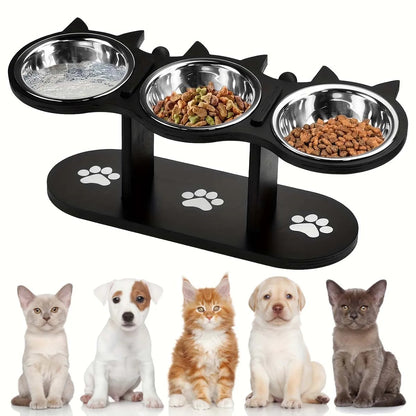 Elevated Cat Bowl with Stainless Steel Dishes Set