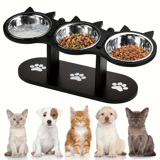 Elevated Cat Bowl with Stainless Steel Dishes Set