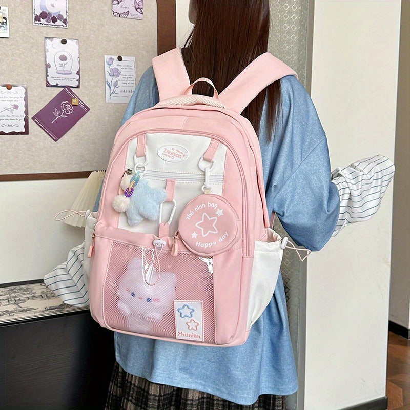 Girls School Backpack with Bunny Charms and Adjustable Straps