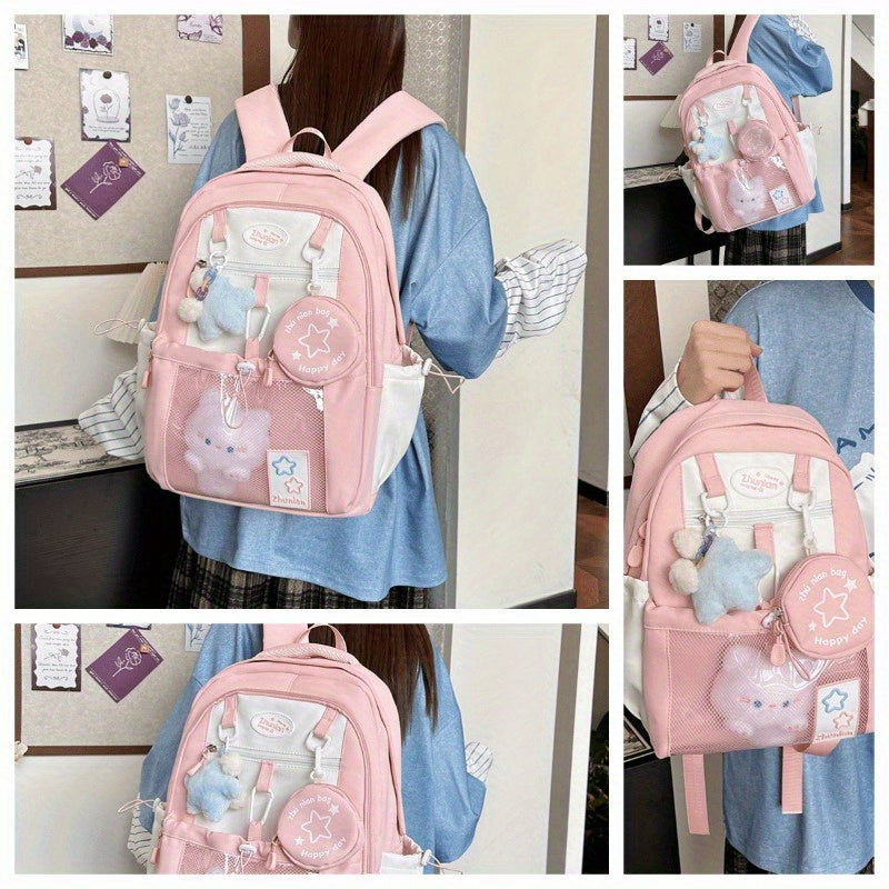 Girls School Backpack with Bunny Charms and Adjustable Straps