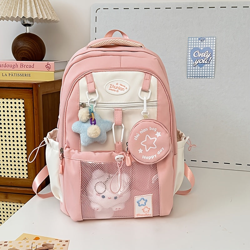 Girls School Backpack with Bunny Charms and Adjustable Straps