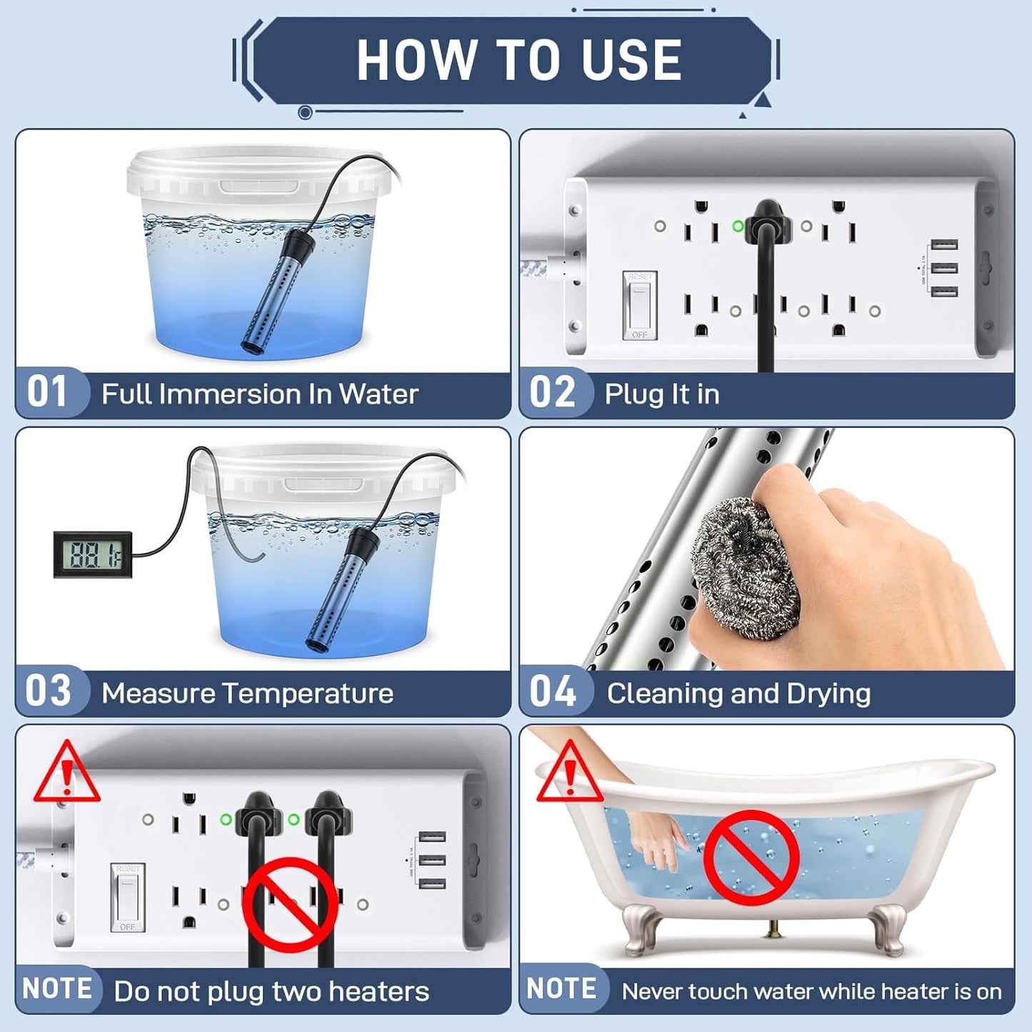 Immersion Water Heater Electric Bucket Heater 2000W with Thermostat