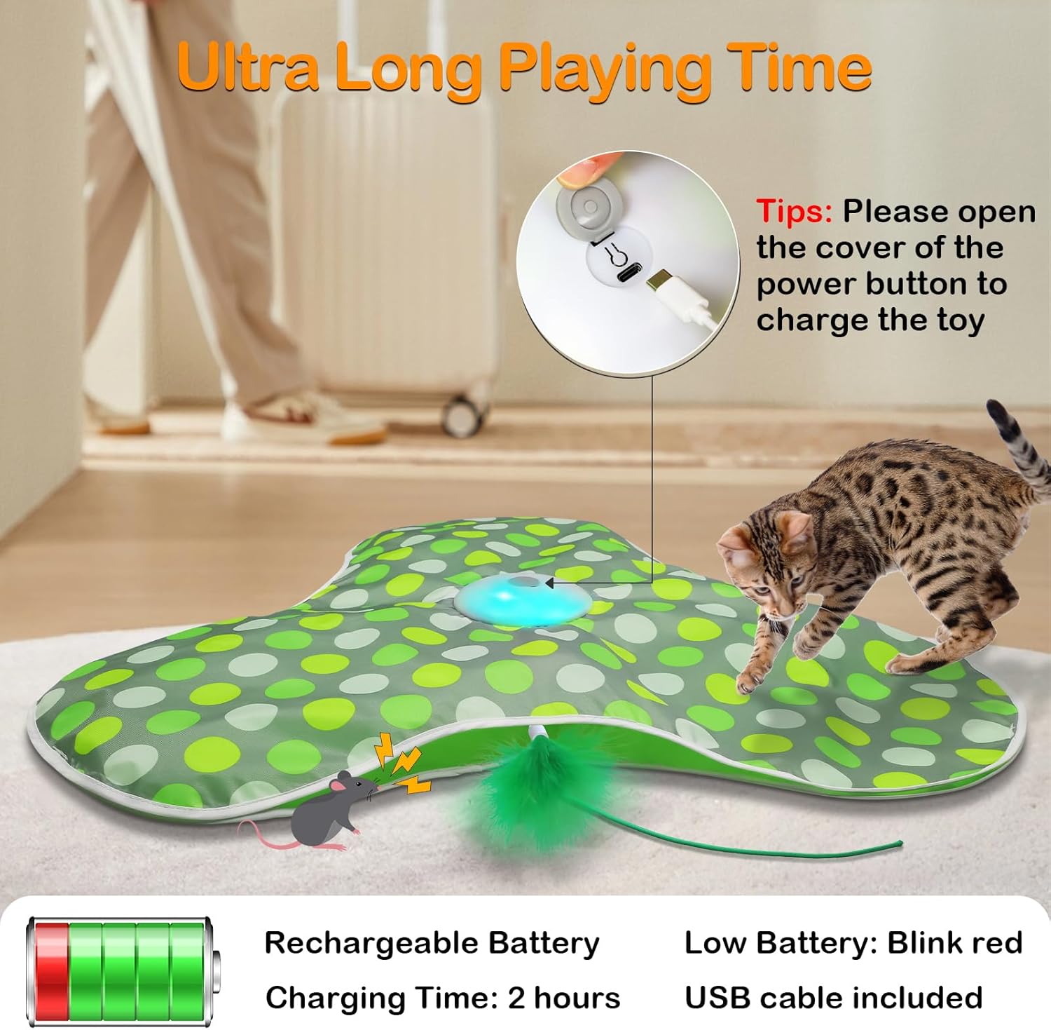 Interactive Cat Toy Rechargeable Moving Feathers Squeaky Mouse