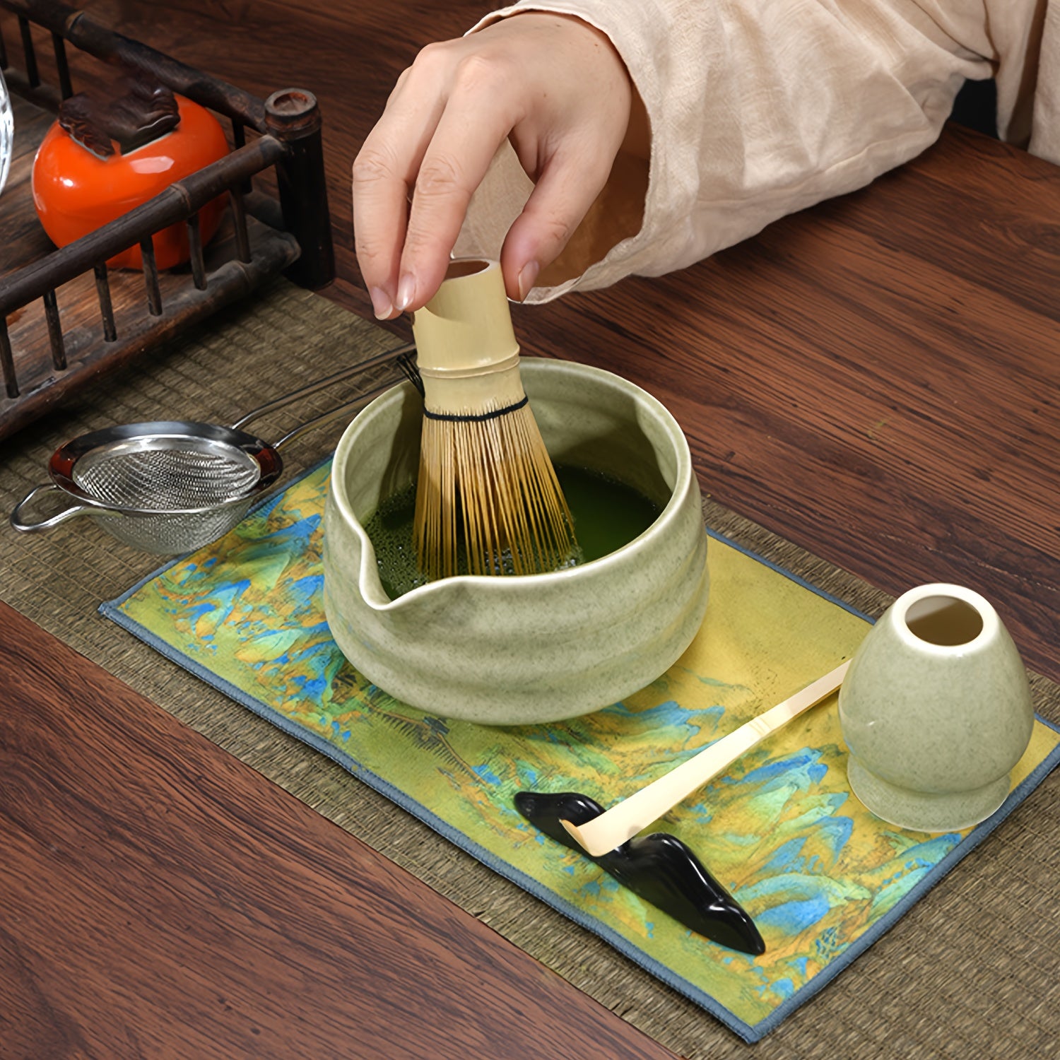 Japanese Tea Ceremony Set with Ceramic Bowl and Bamboo Whisk
