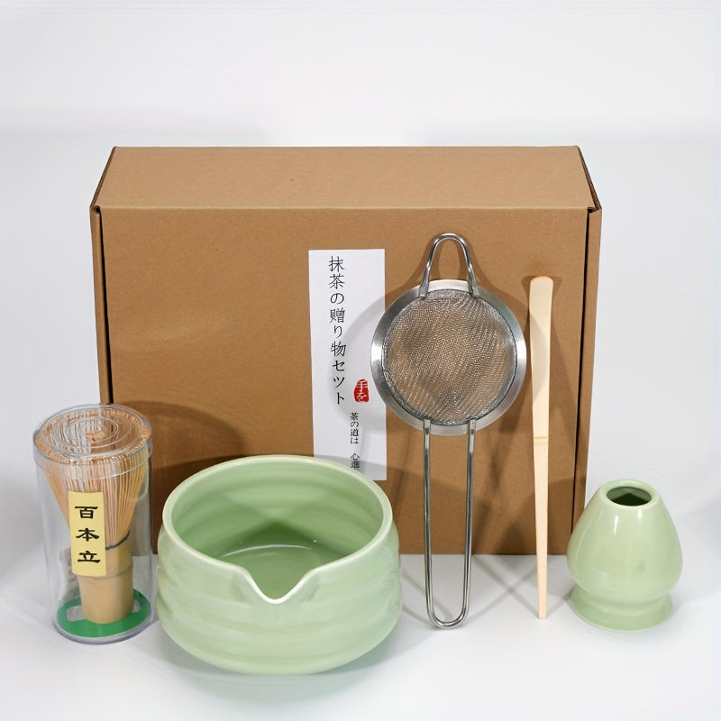 Japanese Tea Ceremony Set with Ceramic Bowl and Bamboo Whisk