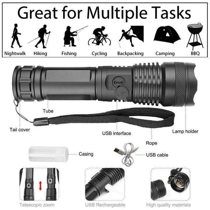 LED Rechargeable Flashlight Zoom Torch Aluminium