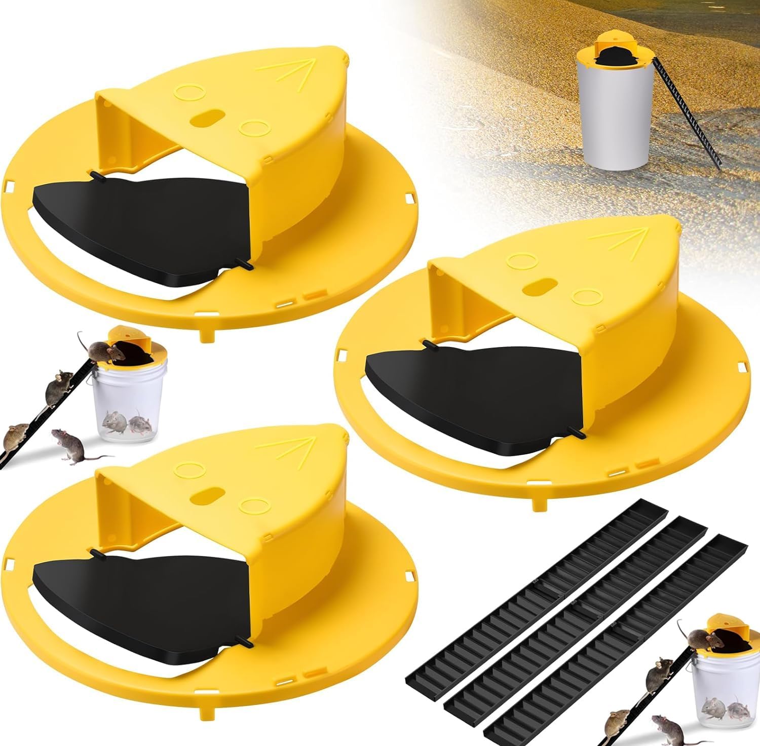 Mouse Rat Trap Bucket Flip Lid, Auto Reset Multi Catch Bucket Mice Trap 3 packs
