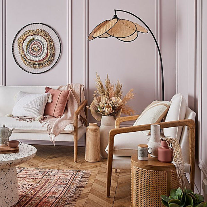 Woven Rattan Arc Floor Lamp with Metal Stand for Living Room