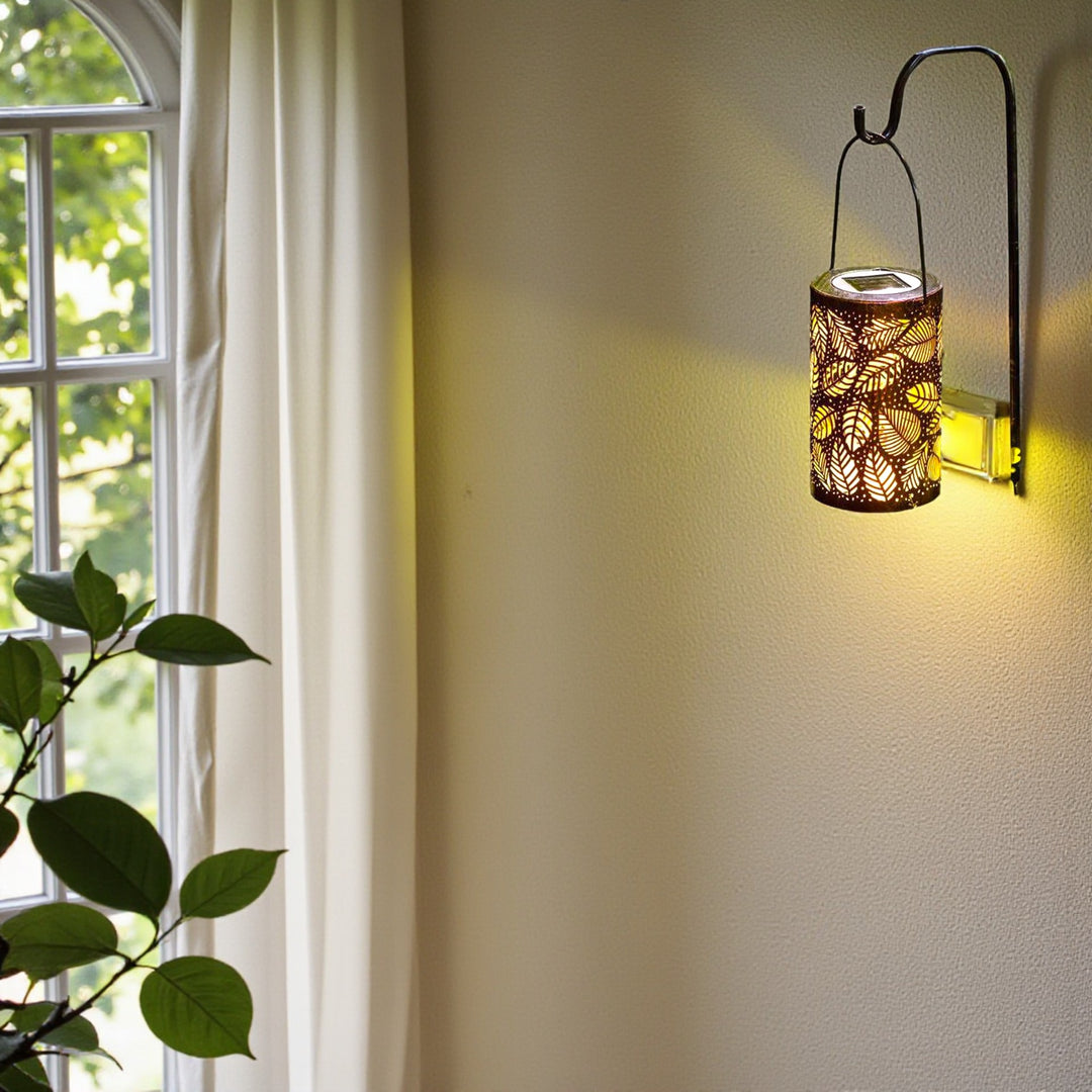 olar Leaf Lantern with Metal Cutout for Outdoor Decor
